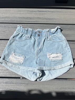 Forever 21 Light Blue Distressed Paperbag Waist Denim Shorts